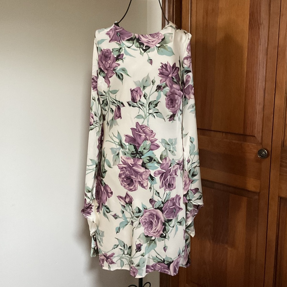 Lulus Sweet RSVP Cream Floral Satin Backless Long Sleeve Mini Dress, Medium - Picture 2 of 10